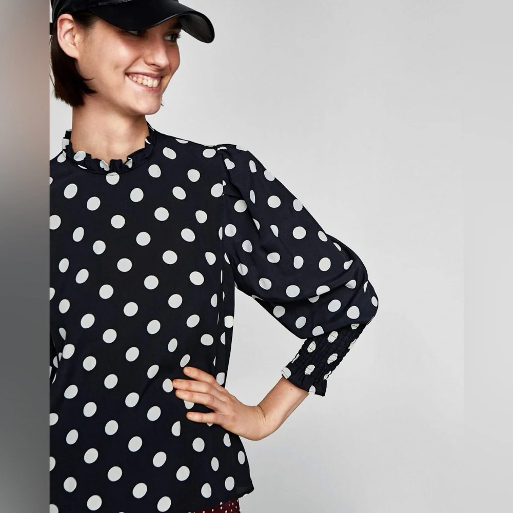ZARA Smocked Puff Sleeve Polka Dot Mock Neck Blouse in Black
